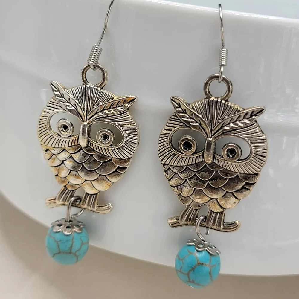 Turquoise Owl Earrings Silver Tone